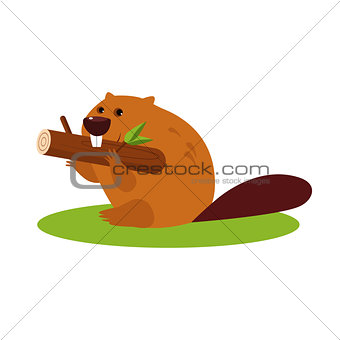 Cartoon Beaver with a Wood. Vector Illustration in Flat Style
