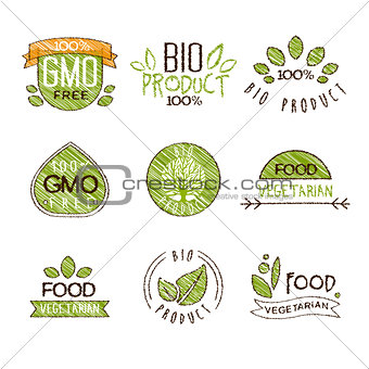 Natural Organic Labels, Vector Illustration Set in Handdrawn Style