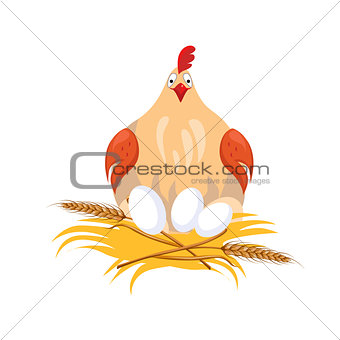 Hen in Nest Sitting on Eggs. Vector Illustration