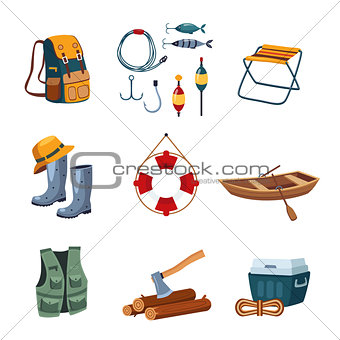 Fishing and Camping Equipment in Flat Design, Vector Illustration Set