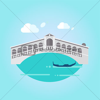 Venice Bridge and Boat in Flat Style Vector Illustration