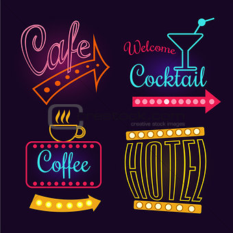 Neon Signs of Cafe, Hotel and Cocktail. Isolated Vector Illustration
