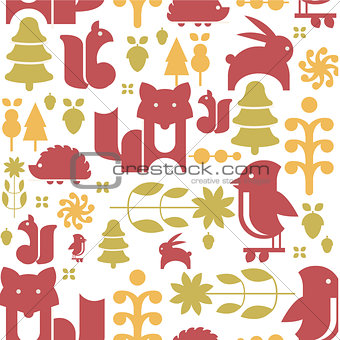 Autumn Plants and Animals in Flat Style Seamless Pattern