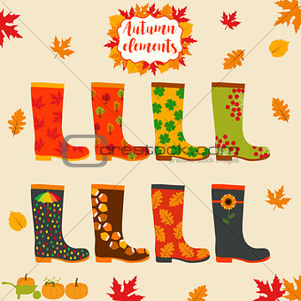Rain boot, rubber boots. Autumn elements. Creative design template.