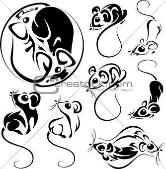 Set of black and outline cute mice