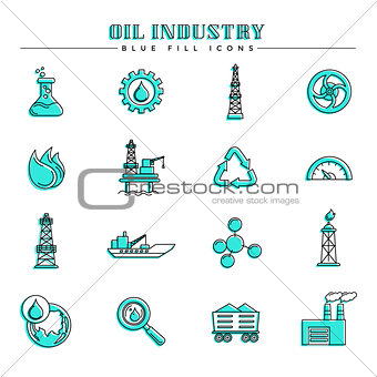Oil industry and energy, blue fill icons set