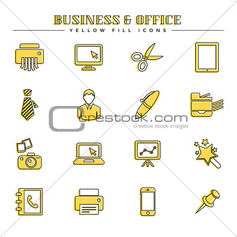 Business and office, yellow fill icons set