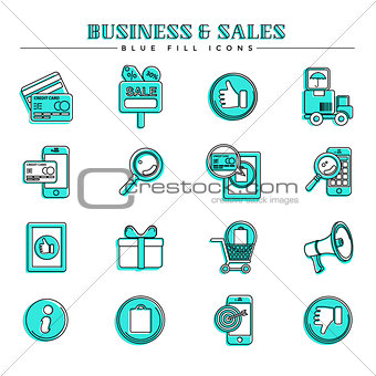Business and sales, blue fill icons set