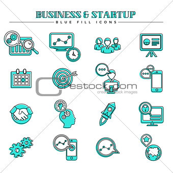 Business and startup, blue fill icons set