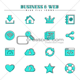 Business and web, blue fill icons set