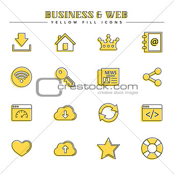 Business and web, yellow fill icons set