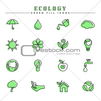 Ecology green fill icons set