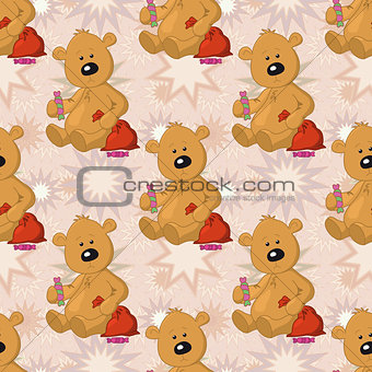 Seamless pattern, teddy bear with Christmas bag