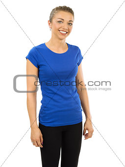 Slim woman wearing blank blue shirt