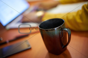 Coffee Cup On Desk College Student Studying At Night
