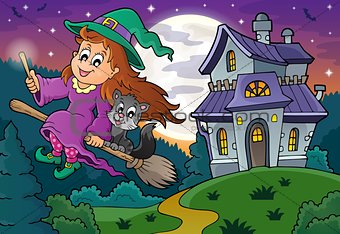 Cute witch on broom near haunted house