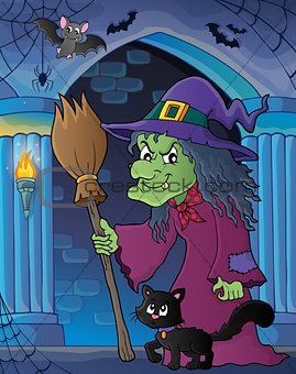 Witch with cat and broom theme image 5
