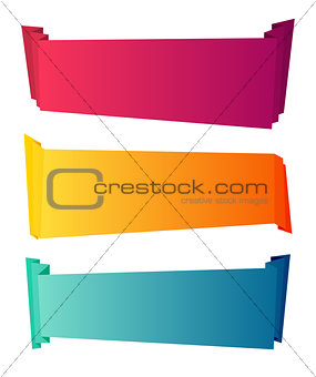 Curved color paper banners isolated on white background. Decorative ribbons
