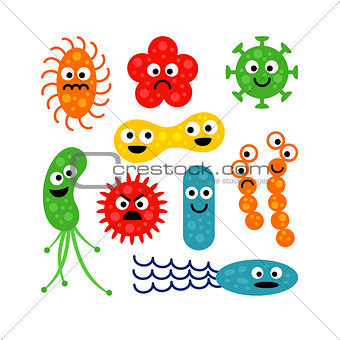 Set of cute funny bacterias isolated on white background.