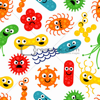 Seamless pattern with cute colorful funny bacterias, germs
