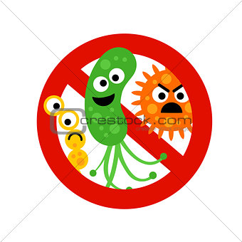 Stop bacterium sign with cute 3 cartoon gems