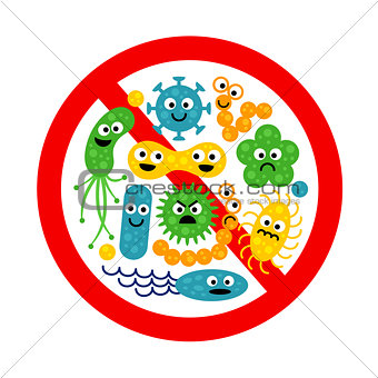 Stop bacterium sign with many cute cartoon gems
