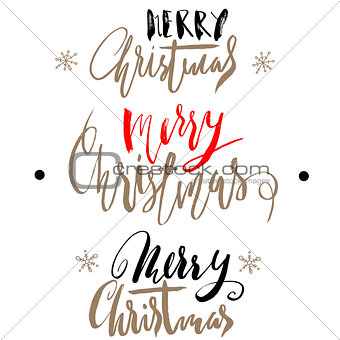 Handwritten Christmas gold and red calligraphy. Set of hand lettering for cards. Merry Christmas.