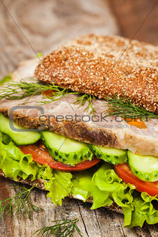 Tasty rye bread sandwiches with roast meat and vegetables