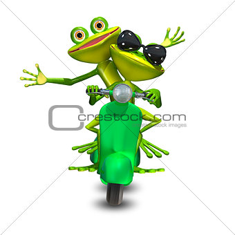 3D Illustration of two frogs on a motor scooter
