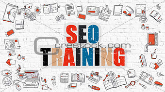 SEO Training Concept with Doodle Design Icons.