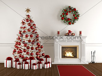 Christmas interior with classic fireplace