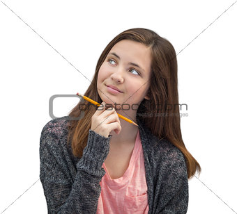 Pretty Mixed Race Girl Thinking with Pencil