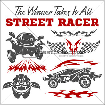 Car racing badges and elements. Graphic design for t-shirt.
