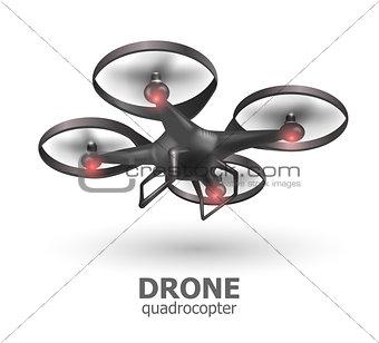 Realistic remote air drone quadrocopter flying on white background. Isomertic view. Vector illustration