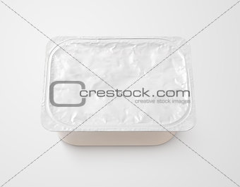 Top view of rectangular aluminum foil cover food tray on gray