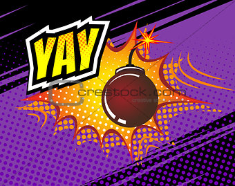Yay. Vector Retro Comic Speech Bubble, Cartoon Comics Template. Mock-up of Book Design Elements. Sound Effects, Colored Halftone Background