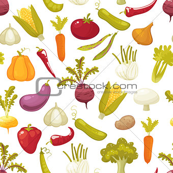 Ecological farming production classical vegetables seamless pattern on white background. Vector illustration retro style