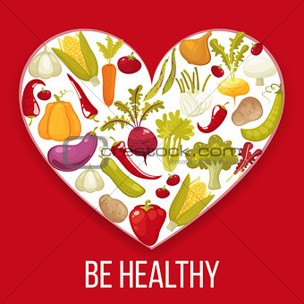 Healthy life. Cartoon style heart with healthy vegitables. Vector illustration