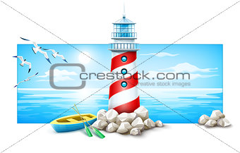 Lighthouse and boat at stone island