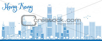 Outline Hong Kong skyline with blue skyscrapers and taxi.