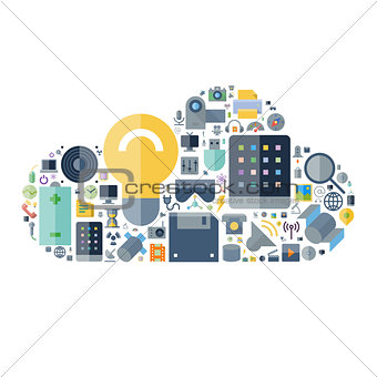 Icons for technology and devices arranged in cloud shape