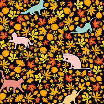 cats and autumn leaves, seamless pattern