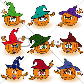 Set of gesticulating orange pumpkins in hats