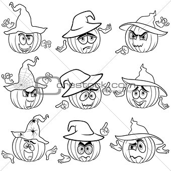 Gesticulating pumpkins outlines in hats