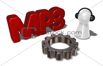 mp3 tag, gear wheel and pawn with headphones - 3d rendering