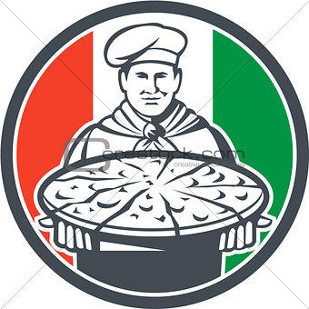 Italian Chef Cook Serving Pizza Circle Retro