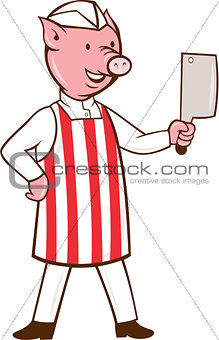 Butcher Pig Holding Meat Cleaver Cartoon