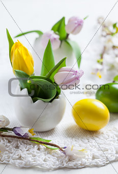 Easter place setting with painted eggs