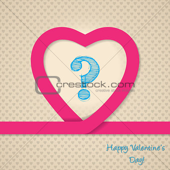 Pink heart valentine greeting card with scribbled question mark