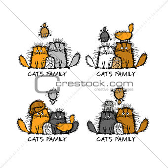 Funny cats family, sketch for your design